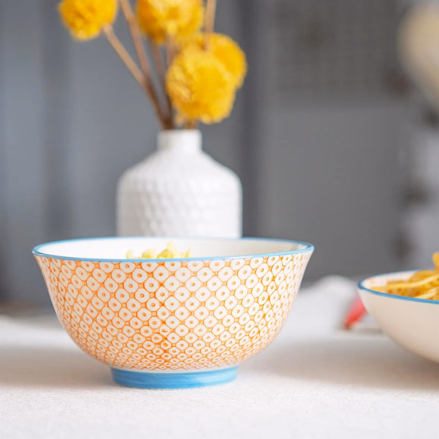 Nicola Spring 30 Piece Floral Hand-Printed Stoneware Dinner Set in Orange and Blue – 2