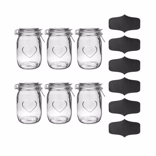 Nicola Spring Heart Shaped Glass Storage Jars with Airtight Clip Lids and Labels, 1 Litre, Pack of 6, Transparent – 1