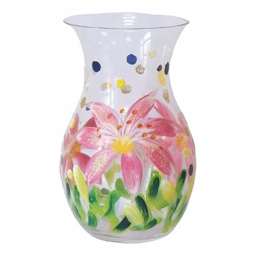 Lesser & Pavey Hand Painted Glass Lynsey Johnstone Lilies Flower Vase, Multicolour, H: 18.5 cm, W: 12.6 cm, D: 12.6 cm