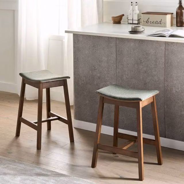 Wyld and Coco Pair of Green Upholstered Rubberwood Bar Stools, Height: 63 cm