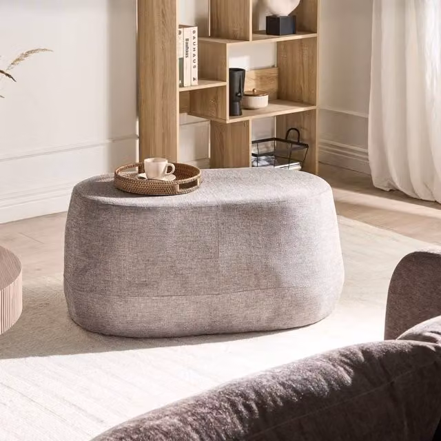 Wyld and Coco Taupe Fabric Upholstered Oval Bench with Eucalyptus Wood Frame in Beige – 1