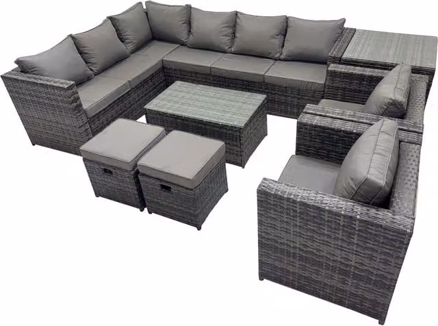 Fimous L-Shape Outdoor Rattan Garden Corner Sofa Set with Coffee Table and Ottoman in Grey