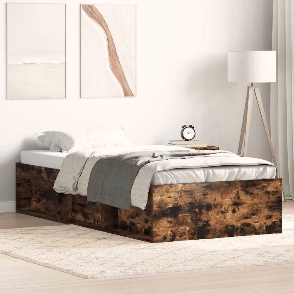 Berkfield Home Small Single Bed Frame in Smoked Oak Brown with Side Compartments, W: 75 cm x L: 190 cm – 2
