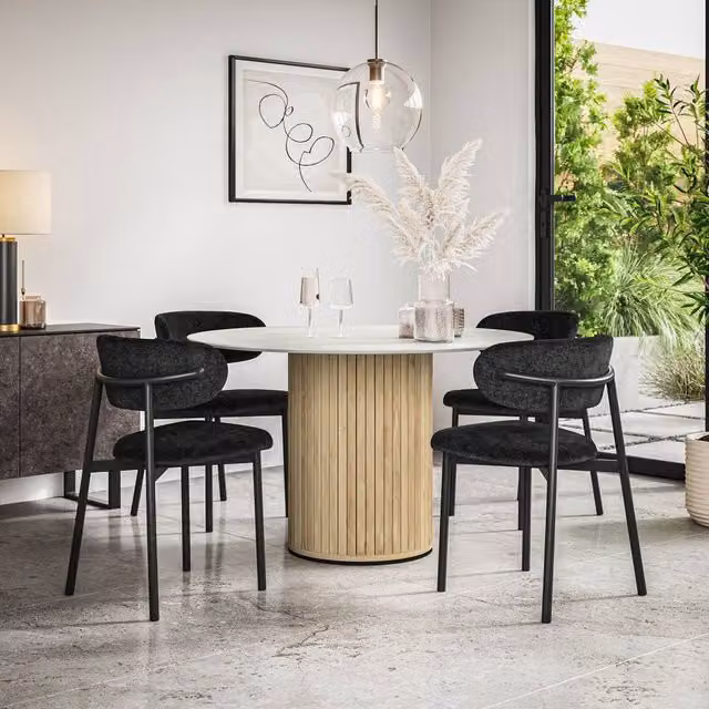 More4Homes Arlo White Marble Top Round Dining Table with Oak Legs and 6 Black Myla Linen Dining Chairs, W/D/H: 120 x 120 x 75 cm – 1