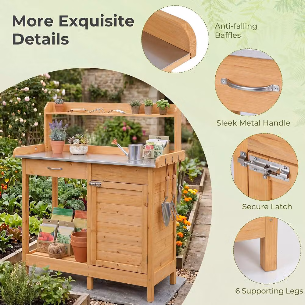 Costway Garden Potting Bench Wood Plant Workstation with Lockable Cabinet in Brown – 3