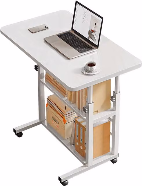 Livingandhome Height Adjustable Mobile Computer Desk with Wheels and Manual Crank, White