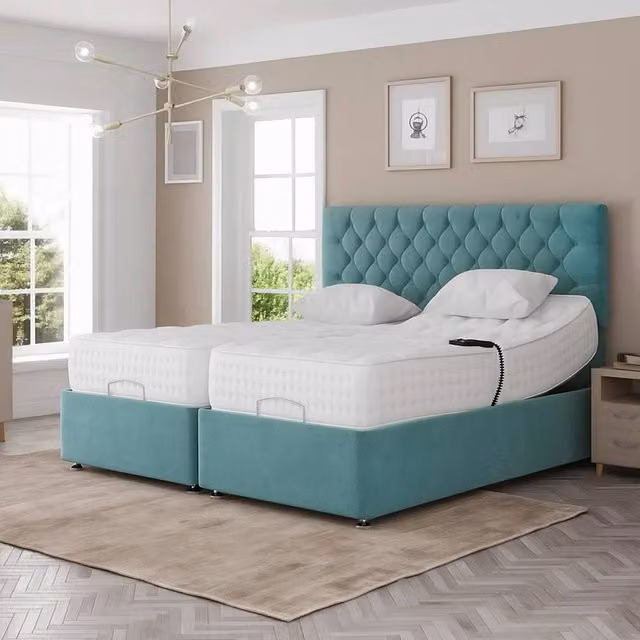 Paradise Beds Ltd Art Deco Electric Adjustable Bed Set in Blue Velvet, King Size (W/D/H: 180 x 200 cm)