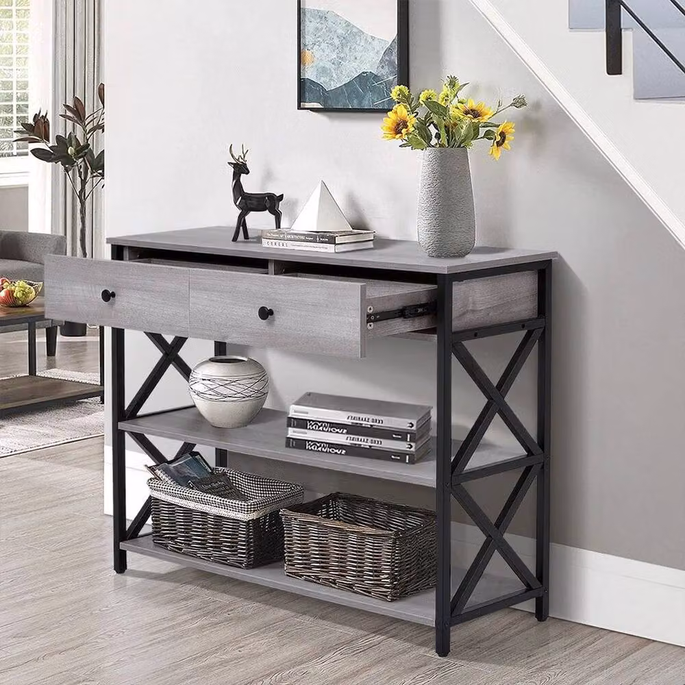 KORVIXA 3-Tier Slim Side Table with 2 Drawers, Grey Modern Narrow Console Table – 3