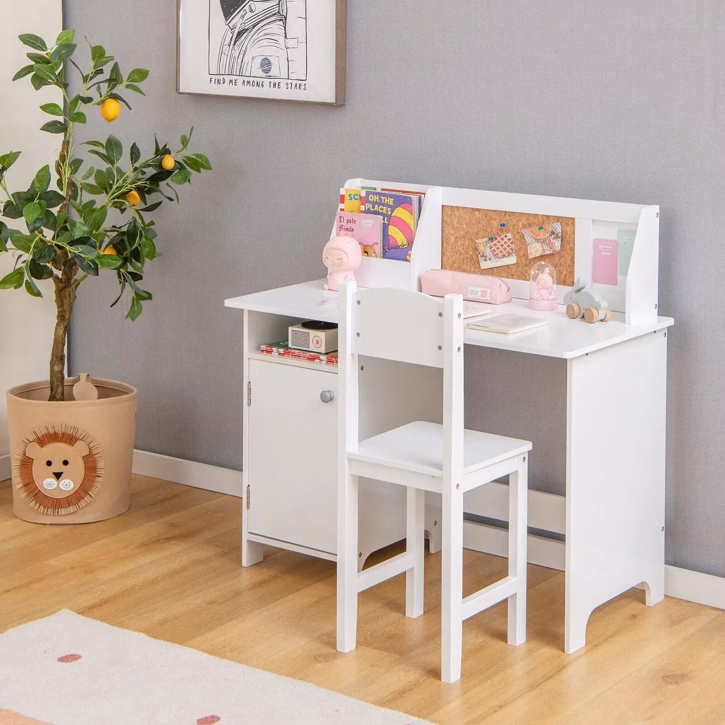 Costway White Wooden Childrens Desk and Chair Set with Pine Wood Writing Table – 2