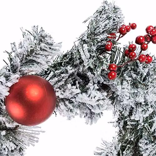Homescapes Large Round Artificial Christmas Wreath in Green, White and Red with Red Baubles, Diameter: 50 cm – 2