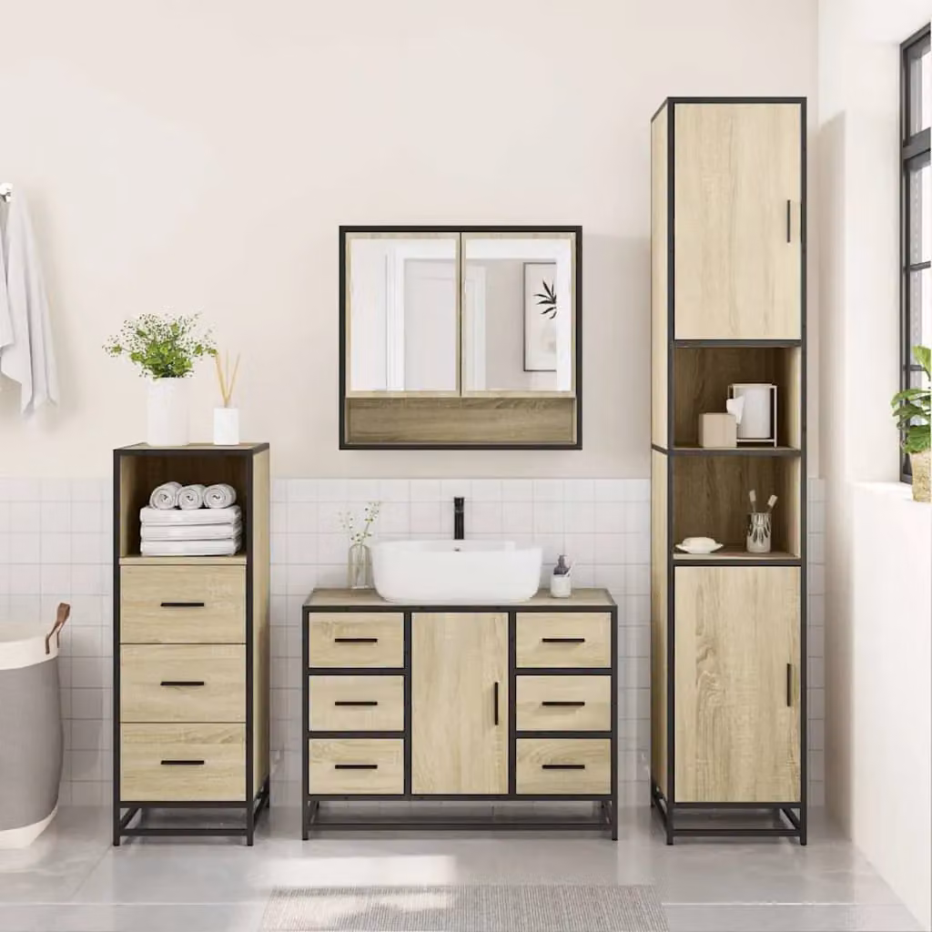 Berkfield Home 3 Piece Industrial Bathroom Furniture Set in Sonoma Oak Brown, including Vanity Unit, Mirror Cabinet and Wall Cabinet – 2