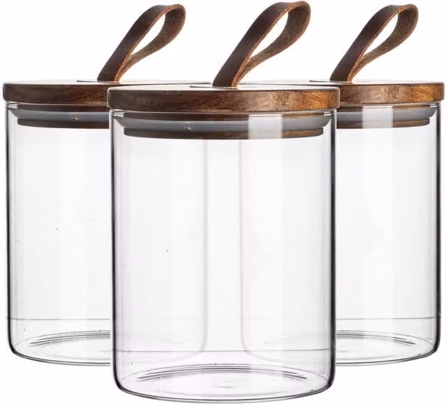 Argon Tableware Airtight and Leakproof Glass Storage Jar with Wood Lid, Transparent and Brown, 0.75 l (Pack of 3)