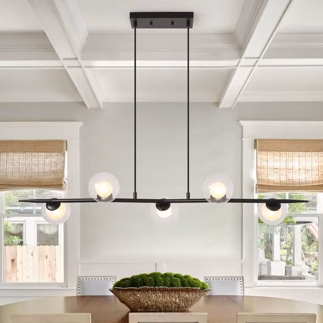 Garwarm 5-Light Linear Kitchen Island Pendant in Black with Transparent Glass