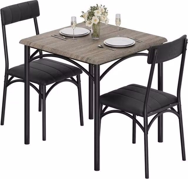 VOGREX 3 Piece Kitchen Dining Table Set with 2 Grey Upholstered Chairs