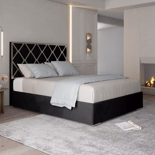 KDMD Modern Geometric Upholstered Velvet Metal Bed Frame in Black, Gold or Silver, W/D/H: 140 x 200 cm