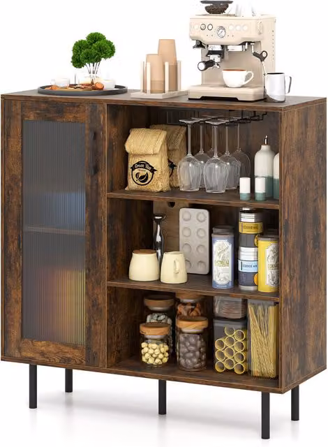 COSTWAY Industrial Brown Wood Coffee Bar Cabinet Sideboard