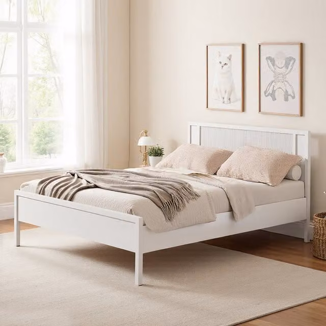 Kidkid Modern Childrens Solid Wood Bed Frame with Dual Slatted Striped Design in White and Silver