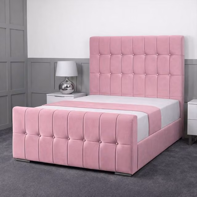 Living Comfort Bedz Belmont Plush Velvet Upholstered Bed with Slatted Base in Pink, W/D/H: 140 x 200 cm