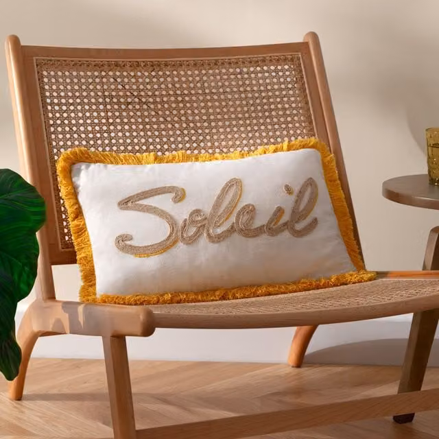 Furn Soleil Yellow Floral Embroidered Rectangular Cushion with Removable Jute and Polyester Cover W/D/H: 50 x 30 x 30 cm