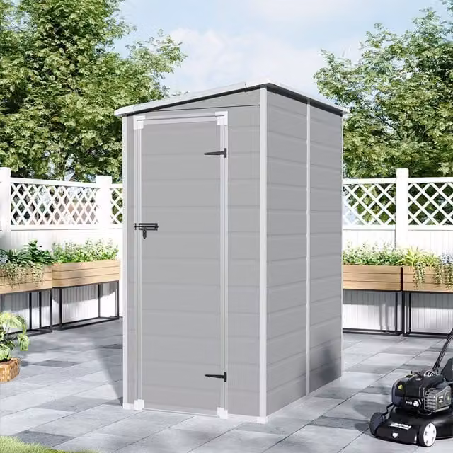 Lifeideas Plastic Pent Tool Storage Shed with Window in Grey and Black, W/D/H: 140.5 x 111 x 192 cm