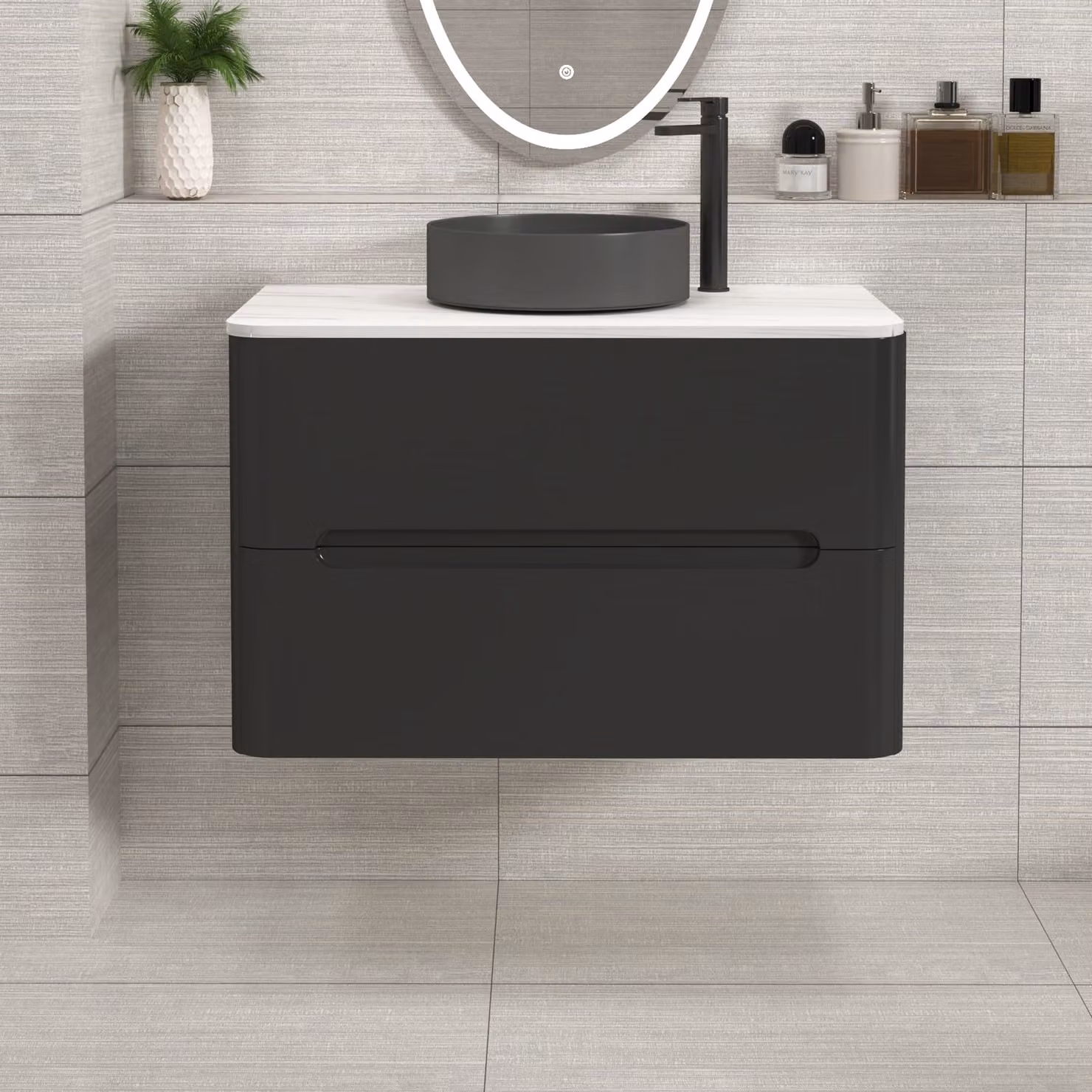 Royal Bathrooms Venice 800mm Matt Nocturne Black Wall Hung 2 Drawer Vanity Unit with Art Round Basin