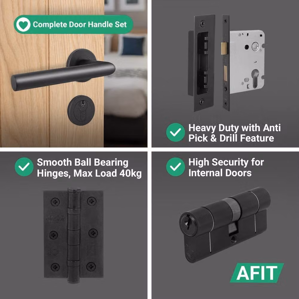 AFIT Matt Black Lever on Rose Euro Lock and Hinge Kit with Double Cylinder, Stainless Steel – 4
