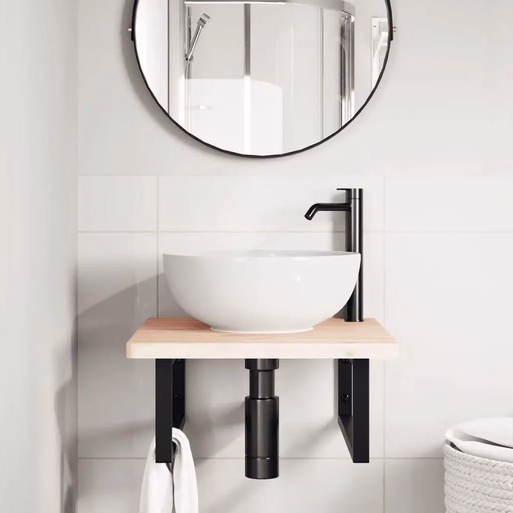Berkfield Home Wall Mounted Basin Shelf in Brown Steel and Solid Beech Wood – 2
