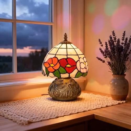 HOMCOM Tiffany-Style Table Lamp with Multi-Coloured Glass and Bronze Sculpted Base – 7