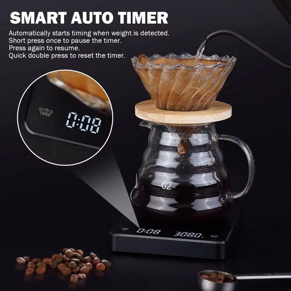 FLAVORA Rechargeable Digital Coffee Scale with Timer, 3 kg Capacity, 0.1 g Precision, Black – 3