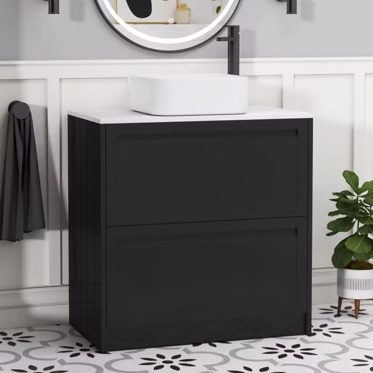 Royal Bathrooms Elmore 800mm Matt Nocturne Black Floor Standing 2 Drawer Vanity Unit with Elena Basin