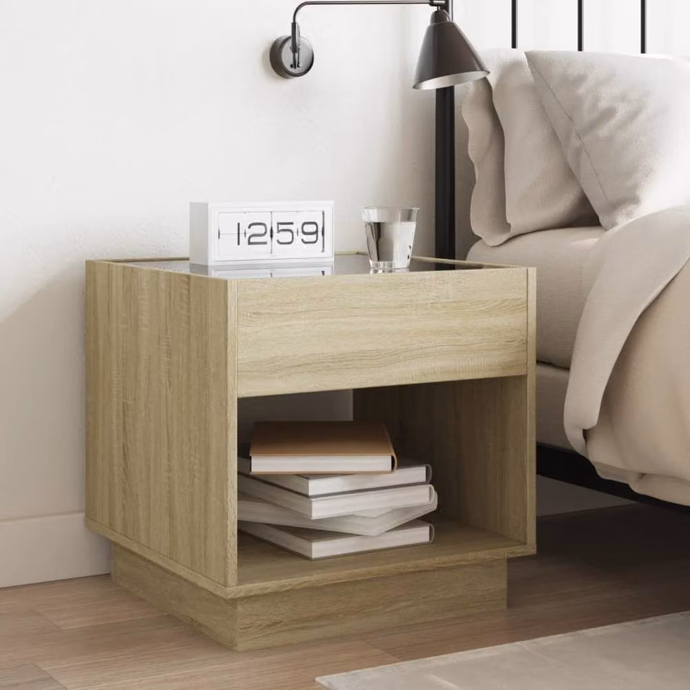 Berkfield Home Infinity LED Bedside Table in Sonoma Oak Brown with Mirror Top, W/D/H: 50 x 50 x 50 cm – 3