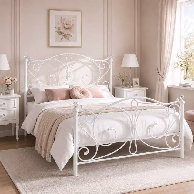 SquareBoxx Sofia Double Metal Scrollwork Crystal Finials Bed Frame in White