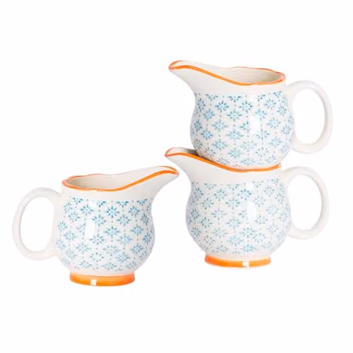 Nicola Spring Hand-Printed Floral Ceramic Milk Jugs, Blue, 300ml, Pack of 3