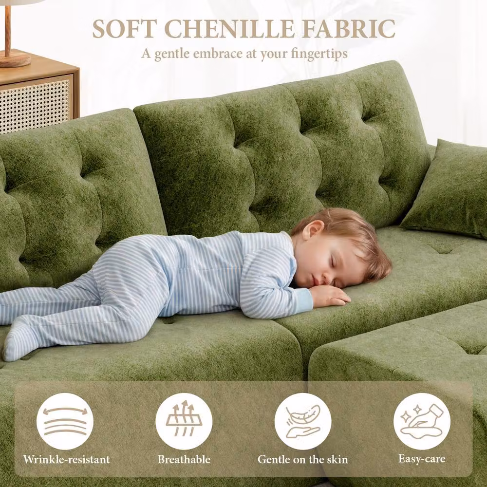Dprodo Green Chenille 4 Seater L-Shaped Modular Sectional Sofa with Matching Ottoman and Scatter Cushions, Width: 275 cm – 5