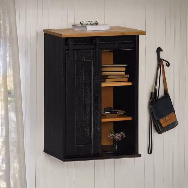Berkfield Home HALDEN Wall-Mounted Hanging Cabinet with Sliding Doors, Black Pine, W: 49 cm, D: 22.5 cm, H: 70 cm