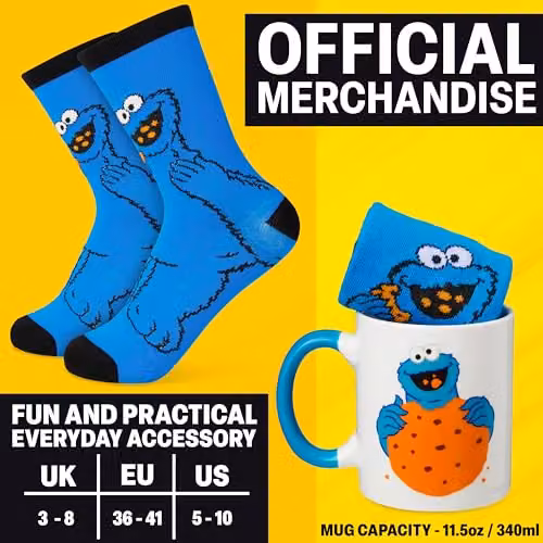 Get Trend Sesame Street Cookie Monster Ceramic Mug and Crew Socks Gift Set, Multicolour, 340ml – 6