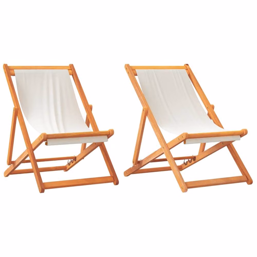 Berkfield Home Set of 2 Folding Beach Chairs in Cream White UV-Resistant Fabric and Treated Hardwood – 2