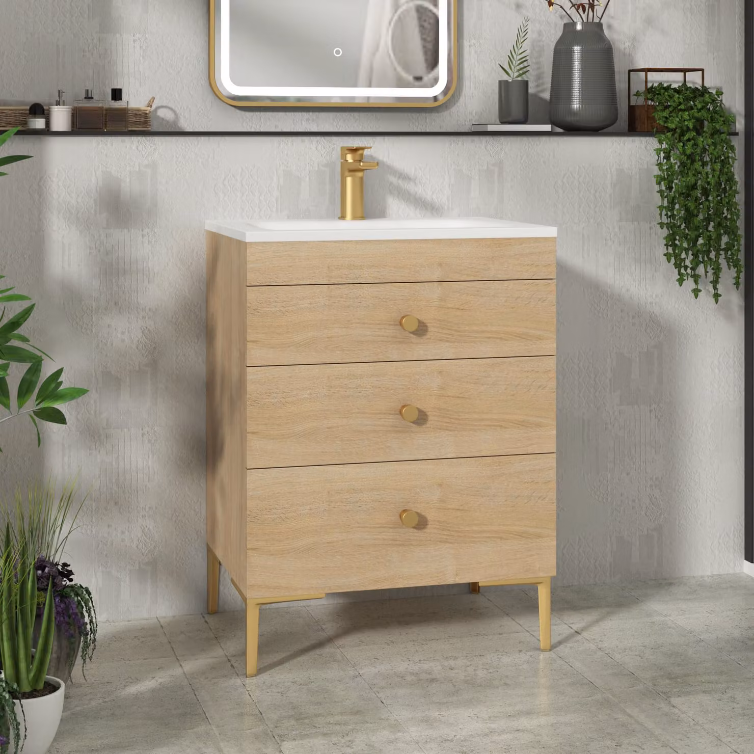 Royal Bathrooms Verona 3 Drawer Floor Standing Freestanding Bathroom Vanity Unit with Soft Close Doors and LED Lighting