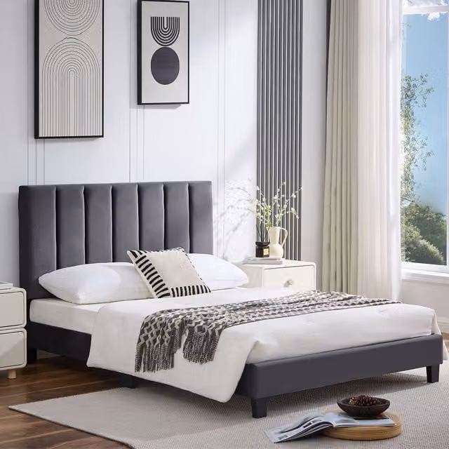 FURNITURE ONE Modern Upholstered Platform Bed Frame in Grey, W/D/H: 180 x 200 x 118 cm