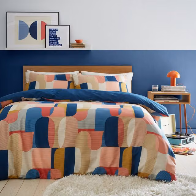 Divante Castillo Geo Reversible Duvet Set, Blue and Multicolour, 200 x 200 cm