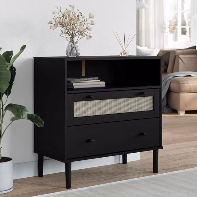 Berkfield Home SENJA Sideboard in Black Rattan Look Solid Pine Wood, W/D/H: 80 x 40 x 80 cm