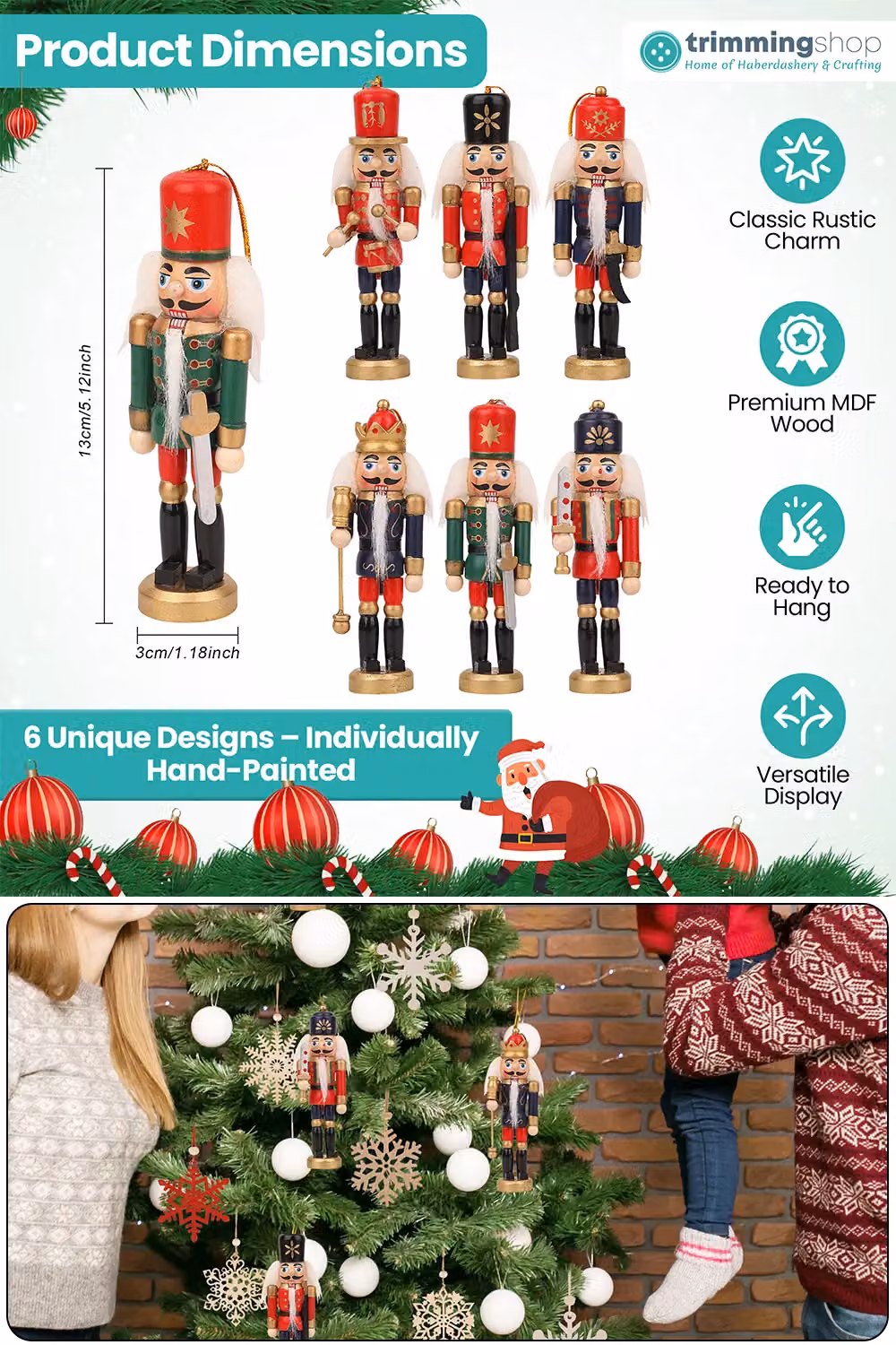 Neel Blue Vintage Wooden Nutcracker Soldier Ornaments, 6 Piece Set, Height: 13 cm – 2