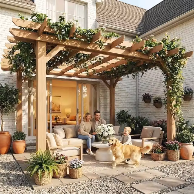 Outsunny Modern Wooden Garden Pergola Kit in Dark Brown, W: 360 cm x D: 360 cm