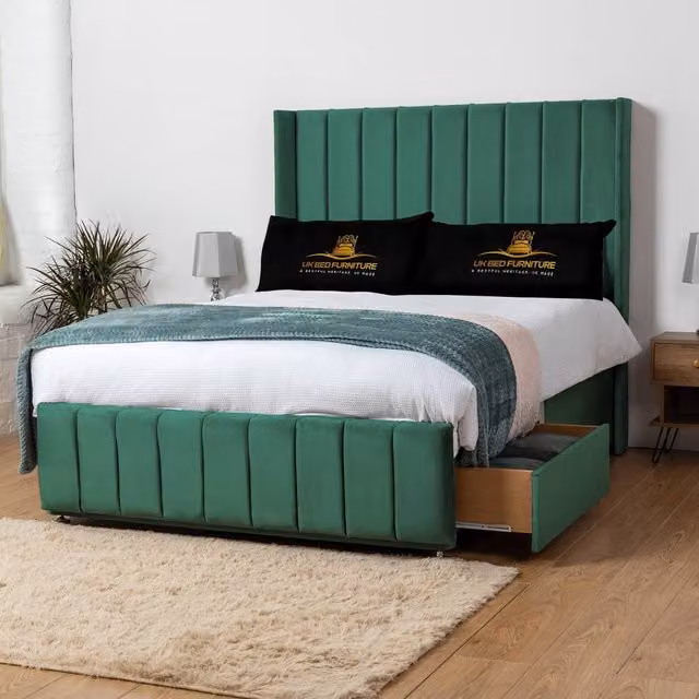 UK Bed Furniture Arizona Green Velvet Wingback Divan Bed with 54 Inch Headboard and 2 Foot End Drawers, Super King, W/D/H: 160 x 200 x 137.16 cm