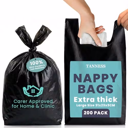 Tanness Black Adult Nappy Bags, 200 Pack Disposable Sacks with Tie Handles