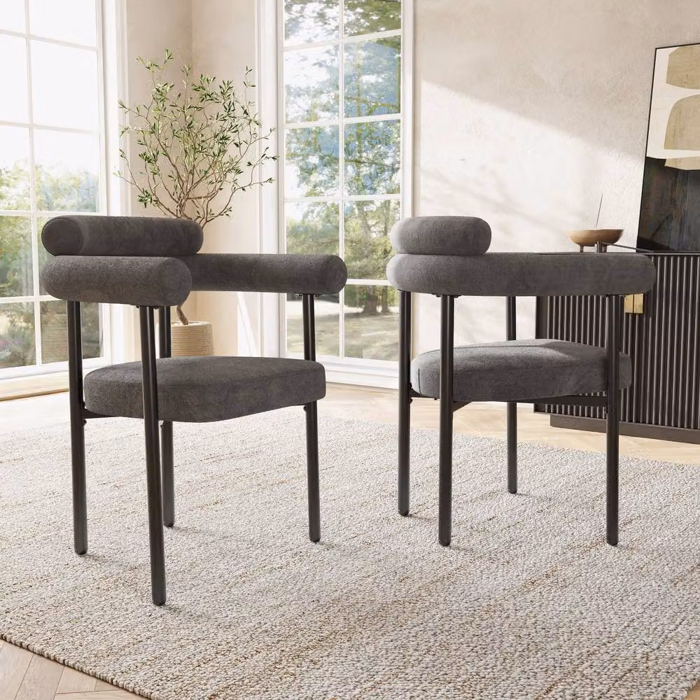 Modern Home Touch Set of 6 Grey Faux Suede Armrest Dining Chairs with Metal Legs – 2