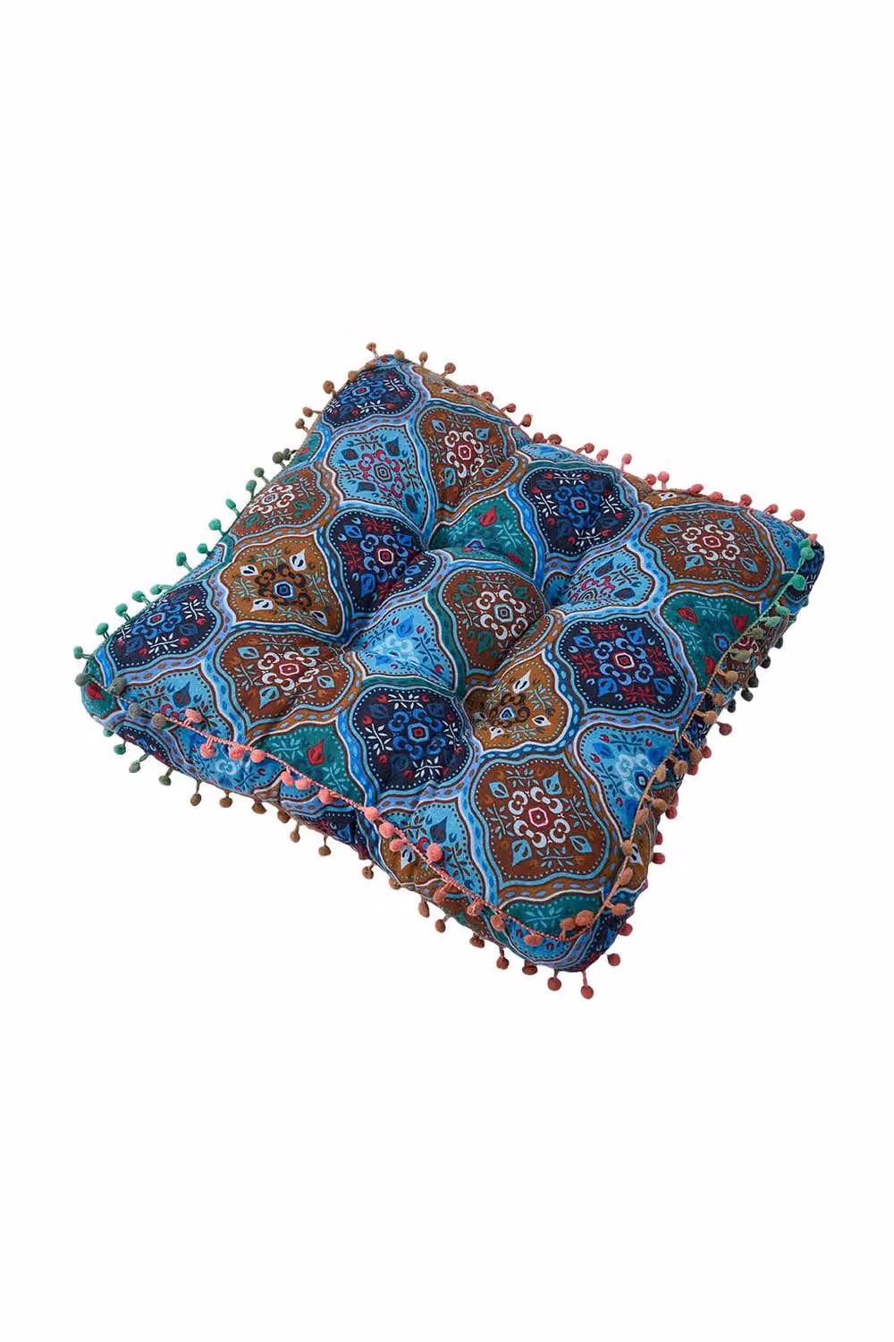 Living and Home Blue Linen Bohemian Floral Square Seat Cushion with Pom-Pom Trim – 5