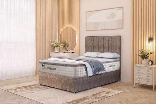 Somnior Eleanor Brown Tweed Divan Bed Set with Pillowtop Hybrid Mattress and 54 inch Headboard, W/D/H: 200 x 200 cm