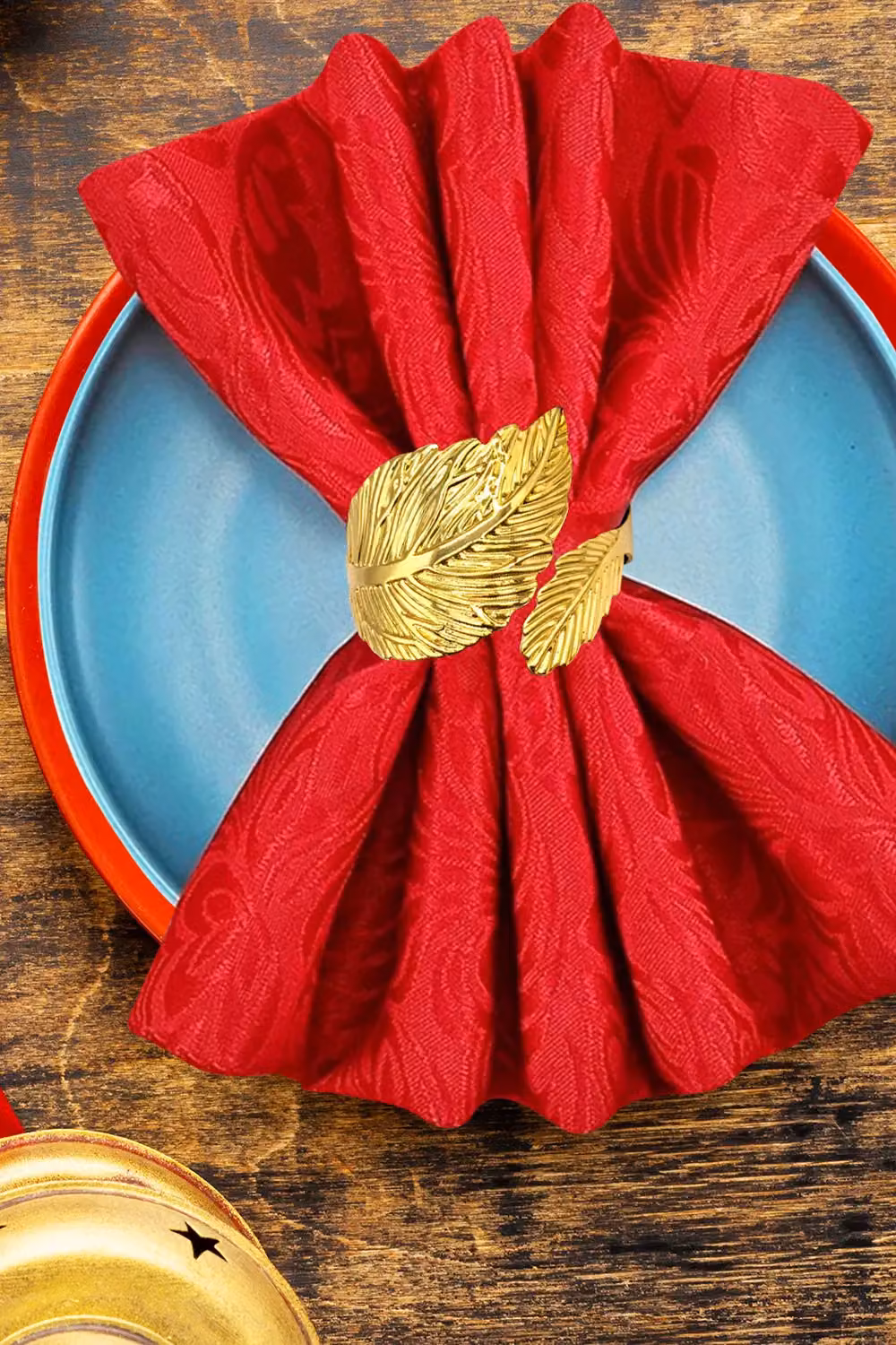 Neel Blue Gold Leaf Napkin Ring Set of 4 Metal Serviette Buckles in Blue and Gold – 6