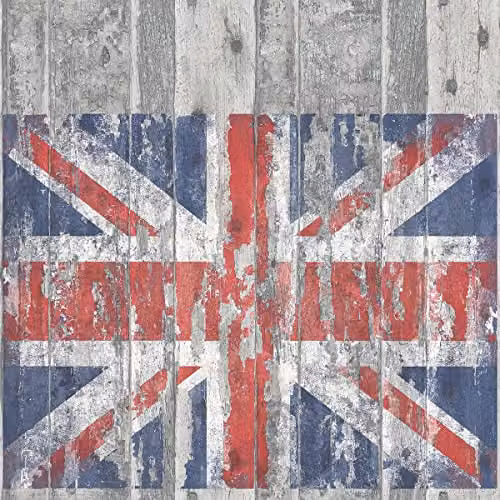 Galerie Grunge Textured Wood Union Jack Vintage Wallpaper in Grey, Red, White and Blue
